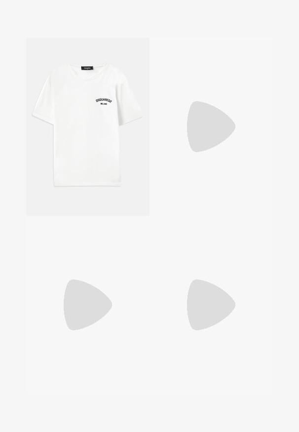 Λευκό βαμβακερό T-shirt με στρογγυλή λαιμόκοψη, κοντά μανίκια και μαύρο κεντημένο λογότυπο που γράφει "DSQUARED2 MILANO" στη αριστερή πλευρά του στήθους.; Μαύρες τζιν βερ�μούδες με κλασικό σχέδιο, που διαθέτουν μπροστινές τσέπες και μεταλλικά αξεσουάρ. Το ύφασμα έχει λεία και ανθεκτική υφή.; Σκούρο καφέ υφασμάτινο δερμάτινο αθλητικό παπούτσι με δέσιμο μπροστά και λευκή ανάγλυφη καουτσούκ σόλα σε απλή ανοιχτόχρωμη φόντο.; Μεγάλα μαύρα γυαλιά ηλίου με gradient μωβ φακούς, γυαλιστερή φινίρισμα και χρυσές λεπτομέρειες στους βραχίονες. Ορθογώνιο σχήμα πλαισίου.