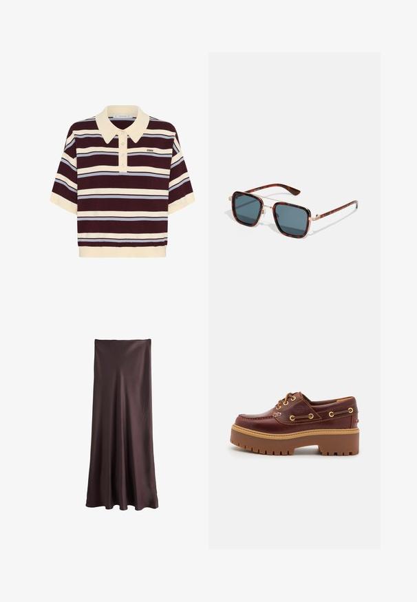 Lühikese varrukaga polosärk marooni- ja kreemivärvi triipudega ning helesiniste aktsentidega, millel on kraega kaelus ja nööbipluus. Pehme kudumkangas.; Pruun, põrandani ulatuv seelik, mis on valmistatud siledast, kergekaalulisest kangast. Omab lihtsat, voolavat disaini, millel ei ole nähtavaid mustreid ega aksessuaare.; Pruun nahast paadisandaal, millel on massiivne pruun kummist tald, kuldsed silmad ja kontrastne õmblus. Külgedel on logo.; Kilpkonnakujulised päikeseprillid tumehallide objektiividega, ruudukujulised, kuldse metalliga detailidega ja kitsaste tempidega, millel on eristuv triibuline muster.