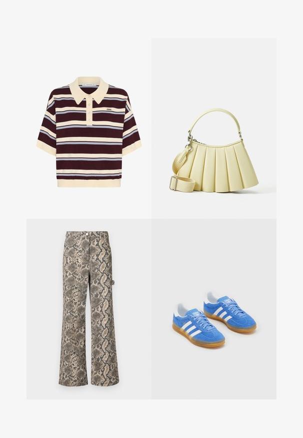 Short-sleeve polo shirt in maroon and cream stripes with light blue accents, featuring a collared neck and button placket. Soft knit fabric.; Wide-leg trousers in a faux snakeskin pattern, featuring shades of tan and black, with a smooth texture and standard waistband.; Blue suede sports shoes with white striped accents, rubber sole, and padded collar for comfort. Features classic lace-up design.; Pleated handbag in soft yellow material with a curved handle. Features a removable adjustable strap and smooth texture with minimal hardware.