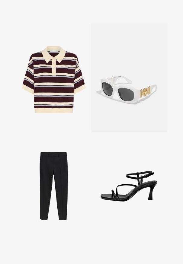 Kurzarm-Poloshirt in bordeauxrot und cremefarbenen Streifen mit hellblauen Akzenten, mit einem Kragen und Knopfleiste. Weicher Strickstoff.; Schwarze, taillierte Slim-Fit-Ankle-Hosen mit Gürtelschlaufen und Fronttaschen auf einem weißen Hintergrund.; Schwarze Leder-Sandalen mit Absatz, ausgestattet mit dünnen Riemen, einer quadratischen Zehenpartie und einem Stiletto-Absatz. Verstellbarer Knöchelriemen für eine optimale Passform. Glatte Textur.; Weiße achteckige Sonnenbrille mit dunklen Gläsern. Verfügt über goldene Hardware-Akzente und ein strukturiertes Design an den Bügeln.; Schwarze synthetische Schultertasche mit geschwungenem Silhouette, strukturiertem Finish, goldenem Dreiecks-Logo und abnehmbaren Hardware-Akzenten.