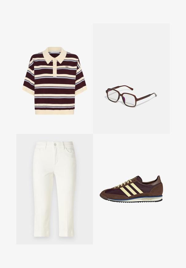Paita polo hihaton dalam jalur marun dan krim dengan aksen biru muda, dilengkapi dengan kerah dan kancing. Terbuat dari kain rajut yang lembut.; Valkoiset lyhyet housut, jotka on valmistettu puuvillasta. Niissä on nappikiinnitys, etutaskut ja suora lahkeiden muotoilu puhtaalla viimeistelyllä.; Ruskea ja burgundin värinen lenkkari, jossa on yksityiskohtina mokkaa ja verkkomateriaalia, kolmea kermaista raitaa, tekstuuripinta kielekkeessä ja kumipohja.; Ruske, rektangulære briller med transparente linser og lilla toner. Glatt plastisk ramme med rette stenger og subtile detaljer.; Ruskea nahkainen olkalaukku, jossa on logokuvio, kultaketjuolkaint, vetoketjukiinnitys ja kultaiset metalliosat. Kompakti ja suorakulmainen muoto.