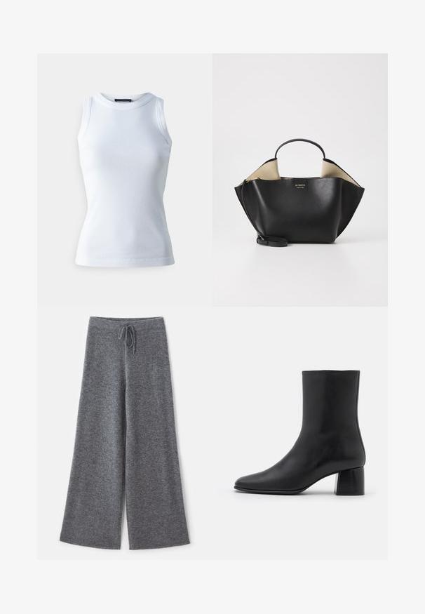 Valkoinen hihaton toppi ribatusta kankaasta, jossa on pyöreä kaula-aukko ja slim fit -tavallinen leikkaus. Siloinen pinta, ilman näkyviä kuvioita tai yksityiskohtia.; Harvat lahkeet, harmaat housut, valmistettu pehmeästä neulekuidusta, jossa on nyöri vyötäröllä. Housuissa on teksturoitu pinta ja siistit reunat.; Mustat nahkasaappaat nilkkakorkeudella, joissa on terävä kärki ja tukeva neliön muotoinen korko. Sileä pinta, saumaton muotoilu ja minimalistinen ommel.; Ree Projects ANN TOTE MINI - Käsilaukku - black