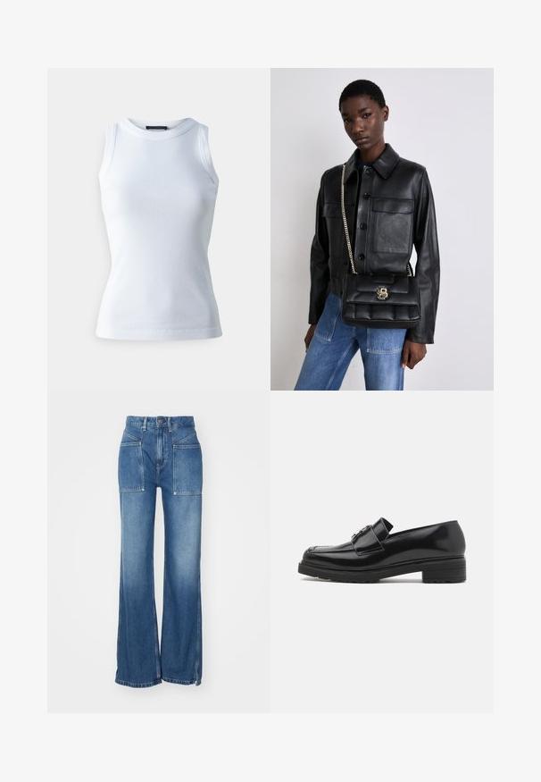 Top sin mangas blanco hecho de tela acanalada, con un escote redondo y una silueta ajustada. Textura suave, sin patrones ni acentos visibles.; Vaqueros de mezclilla azul de cintura alta con un diseño de pierna ancha, que cuentan con dos bolsillos delanteros, costuras en contraste y un dobladillo sin acabar en la parte inferior.; Mocasín de cuero negro pulido con tacón bajo, puntera cosida y detalle de hebilla de metal en la parte superior, mostrado en perfil lateral sobre fondo blanco.; Chaqueta de cuero negra con cierre de botón y dos bolsillos frontales, combinada con un bolso acolchado negro que cuenta con un cierre dorado y correa de cadena.