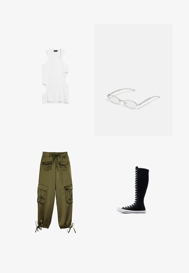 Weißes ärmelloses Oberteil aus weichem Material mit ausgeschnittenen Seiten und rundem Ausschnitt. Einfaches Design ohne Muster oder Akzenten.; Olivgrüne Cargo-Hosen aus glattem Stoff, mit zwei Vordertaschen, verstellbarem Taillenzug und elastischen Bündchen mit Bindebändern an den Knöcheln.; Schwarze High-Top-Sneaker mit hohem Design, aus Canvas. Sie verfügen über weiße Schnürsenkel, Nähte und eine Gummisohle mit einer Zehenkappe.; Ovale Brillen mit einem metallisch-silbernen Rahmen, klaren Gläsern und strukturierten Perlenakzenten an den Bügeln. Leichtes Design mit gebogenen Bügeln.