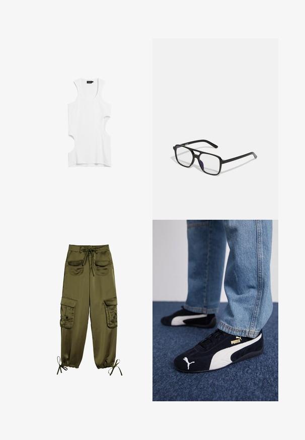 Top sin mangas blanco hecho de tela suave, con laterales recortados y un escote redondo. Diseño simple sin patrones ni acentos.; Pantalones cargo verde oliva hechos de una tela suave, con dos bolsillos frontales, cinturilla ajustable con lazo y puños elásticos con lazos en los tobillos.; Zapatillas de ante negras con acentos blancos, que presentan un logo dorado. Combinadas con unos jeans de mezclilla azul claro y colocadas sobre una superficie texturizada azul.; Gafas rectangulares negras con lentes transparentes y un sutil tono púrpura, con brazos elegantes y un diseño minimalista.