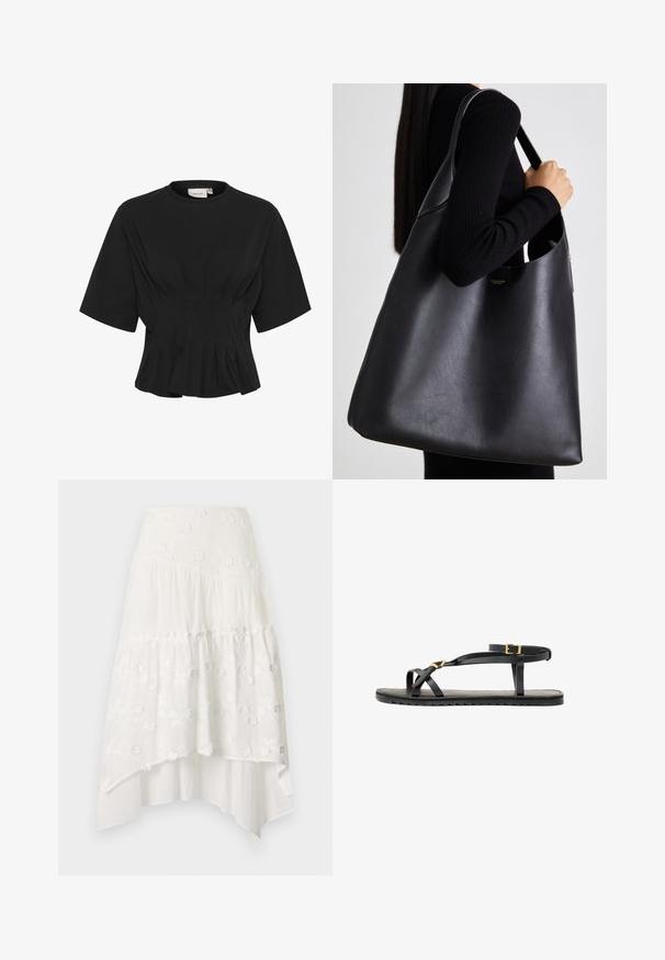 Crna majica kratkih rukava s okruglim izrezom, s detaljima od nabora i uskim krojem koji se širi na rubu. Izrađena od mekog materijala.; Bijela, višeslojna suknja s cvjetnim vezom. Ima uski pojas i lepršavu, slojevitu tkaninu koja stvara asimetrični rub.; Crne kožne sandale s tankim trakama i kopčanjem oko gležnja. Ravni potplat s teksturiranom površinom i valovitim rubom. Minimalistički dizajn.; Crna kožna torba s glatkom teksturom, prevelikim oblikom i jednim remenom za rame. Sadrži zlatni logotip kao ukras.