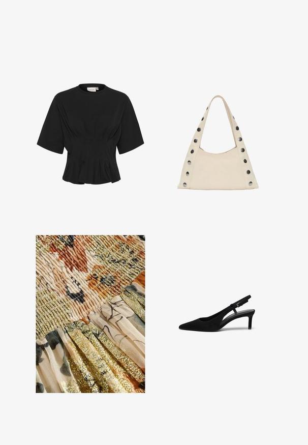 Crna majica kratkih rukava s okruglim izrezom, s detaljima od nabora i uskim krojem koji se širi na rubu. Izrađena od mekog materijala.; Next REGULAR FIT - DROP WAIST - Velika suknja - cream sparkle; Crne nubuk slingback cipele s šiljastim nosom, niskom petom, otvorenim bočnim dijelom i podesivim remenom s metalnom kopčom. Glatka tekstura.; PULL&BEAR SHOULDER - Velika torba - beige