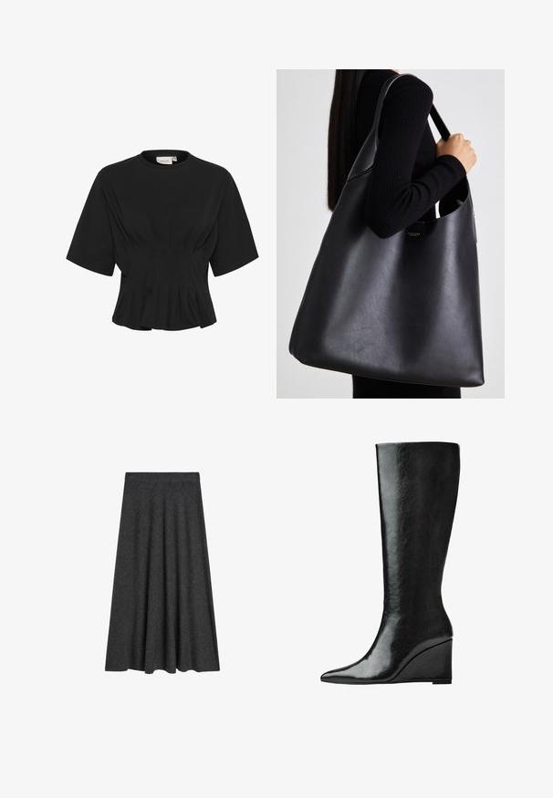 Czarny krótki top z rękawem, z okrągłym dekoltem, z plisowanymi detalami i dopasowanym fasonem, który rozszerza się na dole. Wykonany z miękkiego materiału.; Rozkloszowana spódnica do kolan w ciemnoszarym kolorze, wykonana z mieszanki wełny, charakteryzująca się gładką teksturą oraz elastyczną talią dla wygody i łatwości noszenia.; Czarne skórzane kozaki sięgające do kolan, z eleganckim, spiczastym noskiem i obcasem w kształcie klina. Powierzchnia jest gładka o błyszczącym wykończeniu.; Czarna skórzana torba tote o gładkiej fakturze, w oversize'owym kształcie, z jedną regulowaną rączką. Posiada złoty akcent w postaci logo.