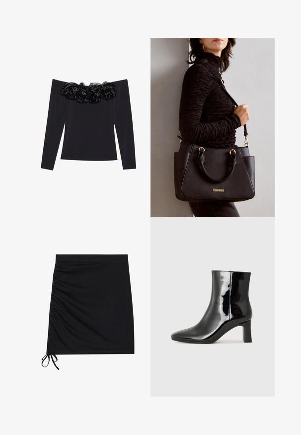 Melna topa bez pleciem ar garām piedurknēm, kuram ir tekstilā ziedu apdare no melna samta ap apkakli.; Melnā mini svārku izstrādāta no mīksta auduma, ar sānu rušēšanu un saitēm ap apakšu. Gluda tekstūra un pieguļošs siluets.; Melnas patentētas ādas potīšu zābaki ar norādītu pirkstu un vidēja augstuma kvadrātveida papēdi. Gluda tekstūra un minimālisma dizains.; Melnā rokassoma ar teksturētu virsmu, diviem augšējiem rokturiem un regulējamu pleca siksnu. Iespējas ar zelta krāsas aparatūru un sānu kabatām.