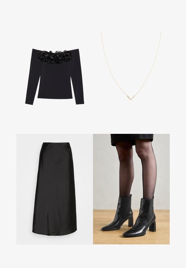 Top negru cu umeri goi, cu mâneci lungi, care prezintă o margine texturată din catifea neagră, decorată cu flori, la decolteu.; Fustă midi din satin negru, cu o textură fină, formă A-line și un luciu subtil. Are un design elegant, simplu, fără embellishments.; Botine negre din piele, cu vârful ascuțit, toc pătrat masiv și un design elegant. Au panouri laterale elastice pentru o îmbrăcare ușoară.; Colier aurit cu un lanț subțire și un pandantiv în formă de V. Design elegant cu o suprafață netedă și lucioasă și detalii minime.