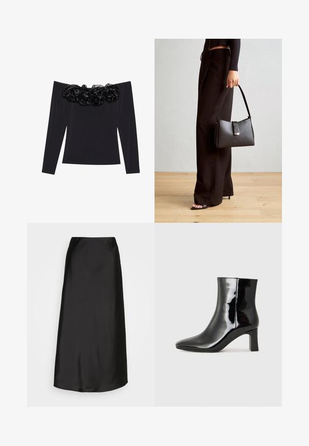 Schwarzes Off-Shoulder-Oberteil mit langen Ärmeln, das einen strukturierten floralem Besatz aus schwarzem Samt am Ausschnitt aufweist.; Schwarzer Satin-Midi-Rock mit glatter Textur, A-Linien-Form und dezentem Glanz. Verfügt über ein elegantes, unkompliziertes Design ohne Verzierungen.; Schwarzer Lackleder-Stiefelette mit spitzer Zehe und einem mittelhohen Blockabsatz. Glatte Textur und minimalistisches Design.; Schwarze Handtasche mit strukturierter Form, glatter Textur und einem metallischen Verschluss. Kombiniert mit weiten schwarzen Hosen und offenen Sandalen auf einem Holzboden.