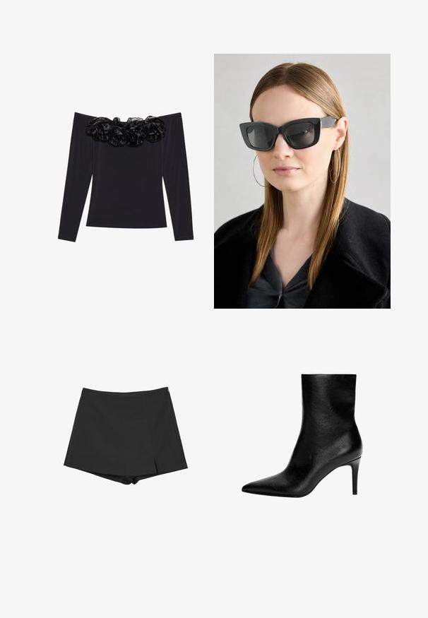Haut noir à épaules dénudées avec manches longues, présentant une bordure florale texturée en velours noir le long de l'encolure.; Shorts noirs avec un design à revers, fabriqués en tissu lisse. Avec une fermeture éclair sur le côté et un pli subtil pour une touche de détail supplémentaire.; Bottine noire en cuir avec une silhouette élégante, un bout pointu et un talon haut en stilettos. Texture lisse, design minimaliste sans quincaillerie visible.; Des lunettes de soleil en forme de chat noir avec des verres foncés, des montures épaisses et des accents subtils. Portées avec un manteau noir et un haut gris, avec des cheveux longs et raides.