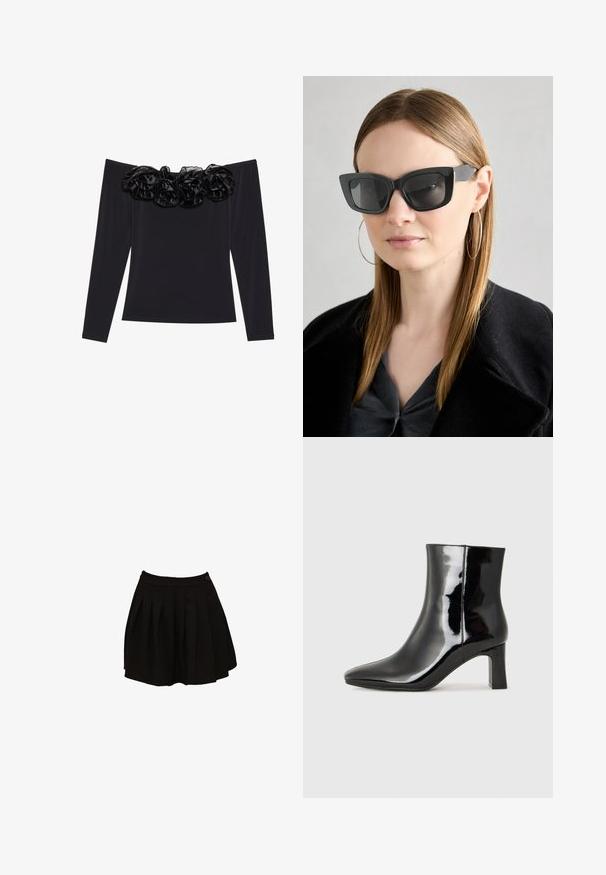 Zwarte off-the-shoulder top met lange mouwen, voorzien van een getextureerde bloemrijke rand van zwart fluweel langs de halslijn.; Zwarte geplooide rok met een aansluitende tailleband en een enkele knoopdetail. De stof lijkt glad en lichtgewicht, ontworpen voor een uitlopende silhoutte.; Zwarte gepolijste leren enkellaars met een spitse neus en een blokhak van gemiddelde hoogte. Glad textuur en minimalistisch ontwerp.; Zwarte cat-eye zonnebril met donkere lenzen, dikke monturen en subtiele accenten. Draagt een zwarte jas en een grijze top, met lang stijl haar.; Zwarte leren schoudertas met een flap sluiting, gouden hardware accenten, verstelbare schouderriem en gestructureerd oppervlak. Compakte rechthoekige vorm.