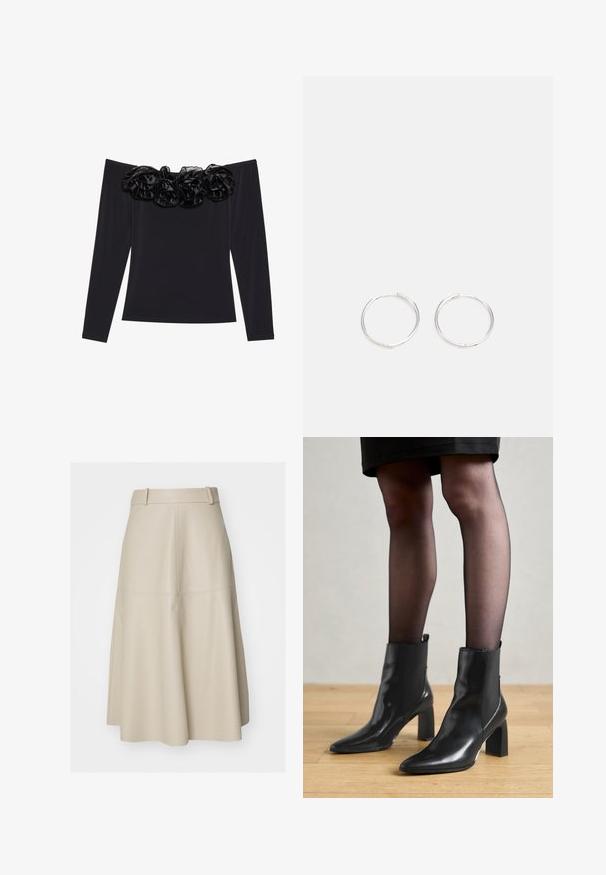 Top negru cu umeri goi, cu mâneci lungi, care prezintă o margine texturată din catifea neagră, decorată cu flori, la decolteu.; Fustă A-line din piele bej cu un talie ajustată, textură subtilă și detalii de cusătură, ajungând până la jumătatea gambei.; Botine negre din piele, cu vârful ascuțit, toc pătrat masiv și un design elegant. Au panouri laterale elastice pentru o îmbrăcare ușoară.; Cercei din argint cu un design elegant și rotund, având o suprafață netedă și fără embellismente vizibile. Diametrul nu este specificat.