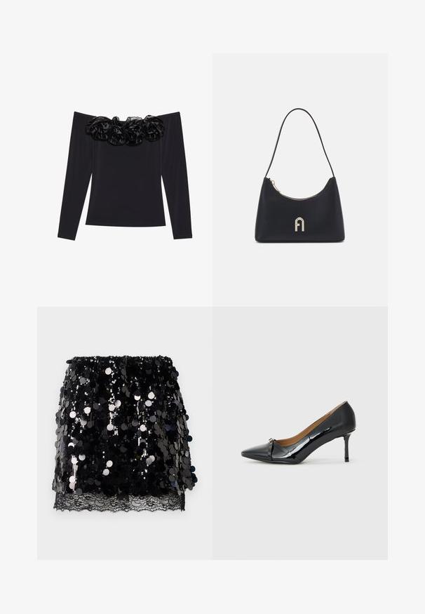 Juodasis off-the-shoulder viršus su ilgomis rankovėmis, kuriame yra tekstūrinis gėlių apdailos kraštas iš juodo veliūro aplink iškirptę.; Juoda mini sijonas su didelėmis blizgiomis sekančiomis detalėmis, uždengiančiomis subtilų juodą nėrinį hemą, plokščiai išdėstytas ant balto fono.; Juodas lakinės odos aukštakulnis batelis su smailiu pirštu, dekoratyviu dirželiu priekyje ir plonu stiletu.; Juodas pečių krepšys, pagamintas iš lygios medžiagos, turintis kreivinę formą, auksinį užtrauktuką ir auksinį įspaustą logotipo akcentą priekyje.; Aukso tonų auskarų rinkinys, kuriame yra trys poros: tekstūruoti ovalūs auskarai, bangos formos auskarai ir dideli hoops auskarai su sluoksniuotomis briaunomis.
