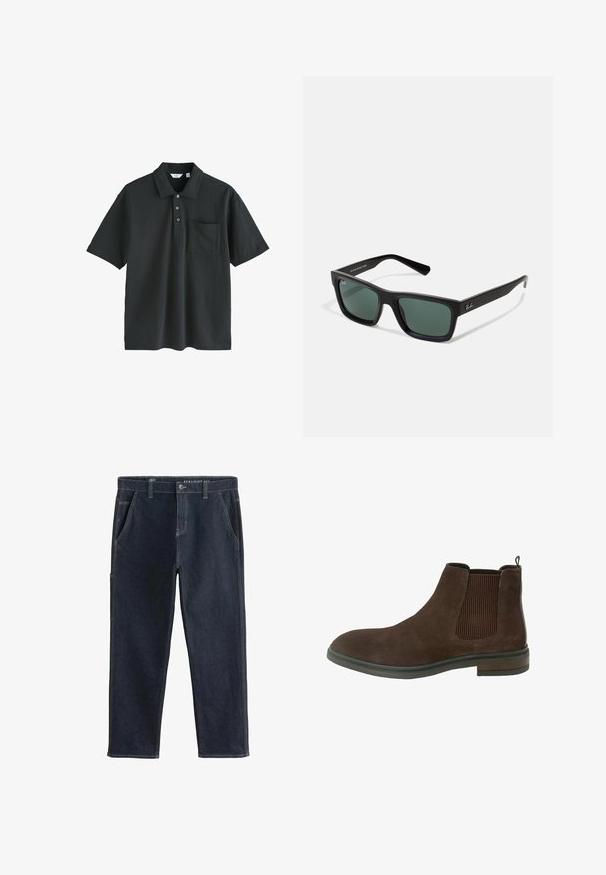 Polo negru din bumbac, cu guler, închidere cu trei butoane, mâneci scurte și un buzunar pe piept.; Pantaloni din denim de culoare bleumarin, cu croi drept, cu cusături vizibile, buzunare frontale și un buzunar lateral. Dispune de închidere cu nasture și fermoar.; Botine din suede maro, cu panouri laterale elastice, vârf rotunjit și toc scăzut, stivuit. Prezintă detalii de cusătură pe talpă.; Ochelari de soare dreptunghiulari negri cu lentile verzi, având un finisaj mat, temple drepte și logo-ul Ray-Ban pe lateral.