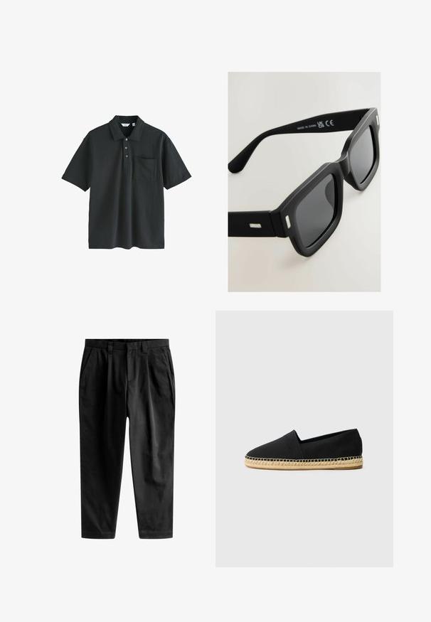 Schwarzes Poloshirt aus Baumwolle mit einem Kragen, drei Knöpfen, kurzen Ärmeln und einer Brusttasche.; Schwarze Hosen aus glattem Stoff, mit tailliertem Schnitt, vorderen Falten und einem klassischen Bund mit Gürtelschlaufen.; Schwarze Canvas-Espadrilles mit runder Zehenform, ausgestattet mit einer gewebten Jutesohle und einer Stichnaht entlang der Sohlenkante.; Schwarze rechteckige Sonnenbrille mit mattem Finish, dunklen Gläsern und silbernen Akzenten an den Bügeln. Merkmale eines dicken Rahmen Designs und einer glatten Oberfläche.
