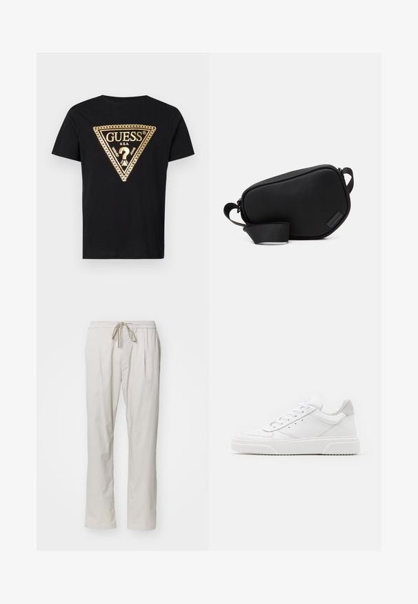 Guess CHAIN - T-shirt print - jet black; Lichte beige, luchtige broek met een elastische tailleband en trekkoord. Bevat twee zijzakken en een rechte pasvorm.; Witte leren sneakers met een gladde afwerking, ronde neus, platte veters en een gestructureerde zool. Grijze suède accent bij de hiel.; Zwarte, met rits afgesloten schoudertas van een glad materiaal, met een platte vorm, een enkele schouderriem en een klein logoaccent. Minimalistisch ontwerp.