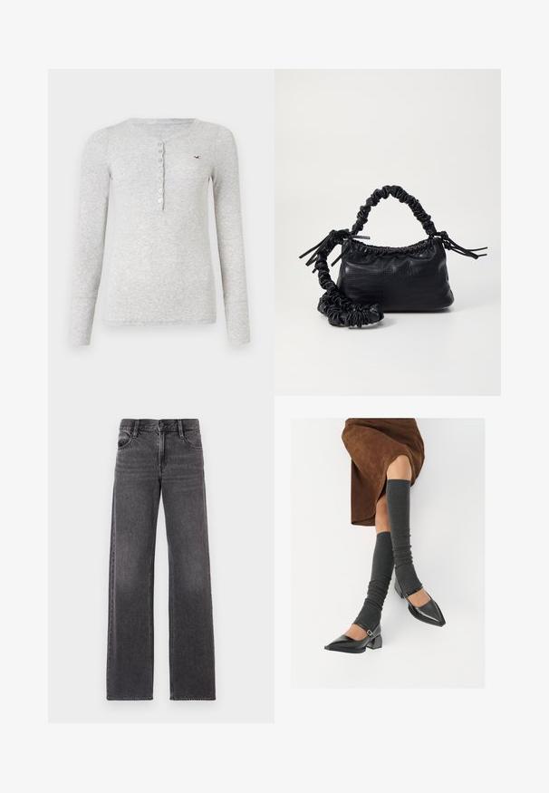 Harmaa pitkähihainen paita, joka on valmistettu ribbikankaasta. Paidan kauluksessa on napitettu Henley-tyyli ja rinnassa on pieni brodeerattu logo.; Tummanharmaat leveälahkeat farkut, jotka on valmistettu denimistä. Niissä on etupainike, kaksi takataskua ja kontrastivärinen ommel sauman varrella.; Musta lakattu nahkakengät teräväkärkisillä, leveällä kantapäällä ja nilkkahihnalla, yhdistettynä harmaisiin ribattuihin säärystimiin ja ruskeaan mokkasiinimekkoon.; Must-have mustekahvi nahkalaukku krokotiiliaistalla, kiristetty yläosa ja rypistetty hihna. Näyttää pehmeältä ja kompaktilta muotoilultaan.