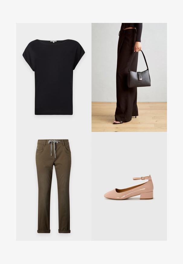 Mustat lyhyet hihatoppi, joka on valmistettu sileästä kankaasta. Ominaisuuksiin kuuluu rento istuvuus, leveä kaula-aukko ja kaareva helma. Yksinkertainen ja monikäyttöinen muotoilu.; Ruskeat rento housut, jotka on valmistettu sileästä materiaalista. Niissä on nyörivyö valkoisilla yksityiskohdilla, viisi taskua ja käärityt hihat.; Patentoitua nahkaa oleva vaaleanpunainen tasapohjakenkä, jossa on pyöreä kärki, nilkkaremmi ja matala lohkopohja. Tasainen pinta ja minimalistinen muotoilu.; Musta käsilaukku, jossa on rakenteellinen muoto, sileä pinta ja metallinen solki. Yhdistetty leveisiin mustiin housuihin ja avonaiheisiin sandaaleihin puulattialla.