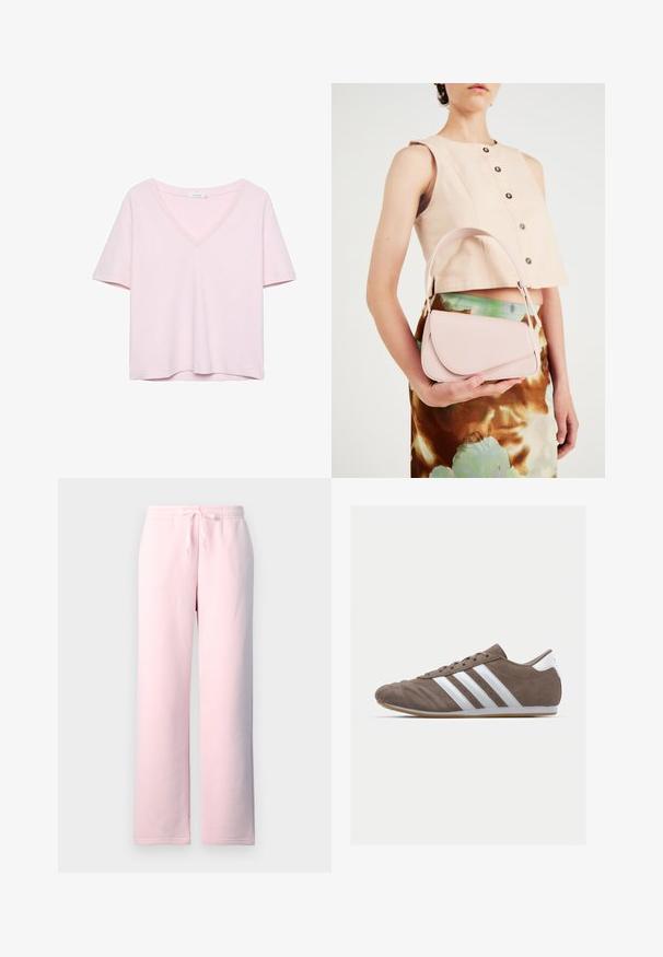 Tričko s krátkym rukávom a v-výstrihom vyrobené z jemnej, ľahkej látky v pastelovo ružovej farbe. Uvoľnený strih s jednoduchým, čistým dizajnom a bez viditeľných vzorov.; Ružové bavlnené tepláky s elastickým pásom a šnúrkou. Dizajn má rovný strih a hladkú textúru.; Hnedé semišové športové topánky s bielymi pruhmi, okrúhly špičkový dizajn, šnurovacie zapínanie a gumená podrážka. Texturovaný zvršok s detailmi šitia.; Ružová kožená kabelka s zakriveným klapkovým uzáverom, jedným ramenným popruhom a čistými líniami. Kabelka má hladkú textúru a minimalistický dizajn.