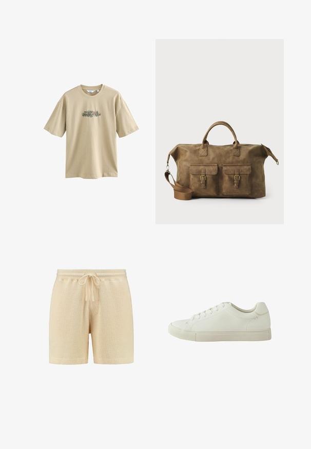 Bežové bavlnené tričko s grafickým potlačou v strede. Dizajn obsahuje farebné prvky a zakrivený text. Krátke rukávy a okrúhly výstrih.; Béžové šortky z pleteniny s vaflovou štruktúrou, s elastickým pásom, sťahovacou šnúrkou a voľným strihom. Jednoduchý dizajn bez vzorov alebo ďalších akcentov.; Biela kožená teniska s textúrovaným povrchom, okrúlou špičkou, šiestimi dierkami a plochou gumovou podrážkou. Diskrétny prešívací detail na päte.; Hnedá kožená taška na cestovanie s dvoma prednými vreckami, nastaviteľným ramenným popruhom, zlatými kovovými doplnkami a pevným horným uchom. Hladký povrch.