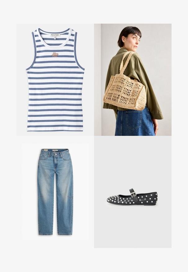 Raidallinen hihaton paita, jossa on vuorotellen sinistä ja valkoista ribbikangasta. Suunnittelussa on pieni ruskea logo rinnassa ja sininen reunus kauluksessa.; Vaaleansiniset korkeavyötäröiset farkut, joissa on suora lahje, klassinen viisi taskua -tyyli ja hillitty haalistuminen etupaneeleissa.; Musta nahkakengät tasapohjalla, pyöreällä kärjellä, hopeisilla niiteillä pistekuviossa ja solkivetoketjulla jalan päällä.; Vaalea kudottu vyyhtilaukku, jossa on suorakulmainen muoto, kaksi leveää kahvaa ja avoin verkkokuvio. Suunnittelussa on käytetty teksturoitua kangasta sekä tilava sisäosa.