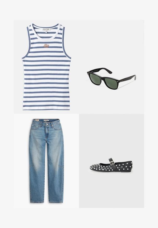 Camisola de alças às riscas com tecido em ribanas alternadas em azul e branco. O design inclui um pequeno logótipo castanho no peito e um acabamento azul na gola.; Jeans de ganga azul claro com corte folgado, perna reta, braguilha de botões, estilo com cinco bolsos e detalhes subtis de desbotamento e costura.; Sapatilha plana de couro preto com bico redondo, apresentando tachas prateadas em padrão de bolinhas e uma tira com fivela sobre o peito do pé.; Óculos de sol de plástico preto com lentes verdes, armações quadradas, detalhe prateado na sobrancelha e hastes texturizadas. Marca indicada na parte interna da haste.