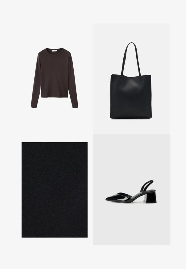 T-shirt marron à manches longues avec un col rond et un tissu en coton lisse et extensible ; présente une coupe décontractée et un design simple.; Texture de tissu noir avec une finition lisse, une couleur uniforme et un subtil éclat, adapté à diverses applications et vêtements.; Escarpins en cuir verni noir avec bout pointu et talon bloc géométrique. Présente un design élégant et minimaliste ainsi qu'une texture lisse.; Sac fourre-tout en cuir noir avec une texture lisse, de forme rectangulaire et deux longues poignées. Pas de matériel ou d'ornementations visibles.