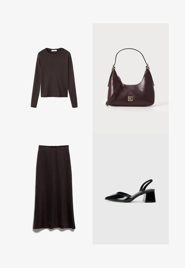 T-shirt marrone a maniche lunghe con scollo rotondo e tessuto di cotone liscio e elastico; presenta una vestibilità rilassata e un design semplice.; Gonna midi nera in satin con una texture liscia, di taglio dritto e cintura. Senza motivi visibili o dettagli in metallo.; Décolleté in vernice nera con punta affusolata e tacco in geometria cubica. Presentano un design elegante e minimalista, con una texture liscia.; Borse in pelle borgogna con forma curva, dettagli in oro sull'hardware e chiusura con cerniera. Presenta una tracolla staccabile.