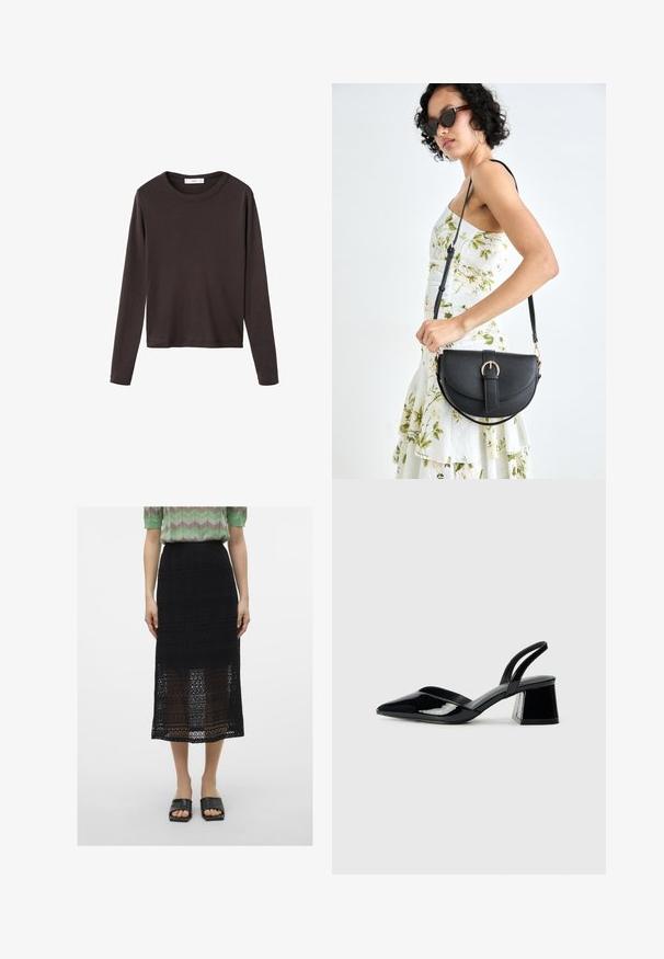Hnedé tričko s dlhým rukávom, okrúhlym výstrihom a hladkým, elastickým bavlneným materiálom; má voľný strih a jednoduchý dizajn.; Čierna krajková midi sukňa s komplikovanými otvorenými vzormi. Skombinovaná s zeleným topom s vzorom a čiernymi šľapkami.; Čierne lakované kožené sandálové podpätky s špicatou špičkou a geometrickým blokovým podpätkom. Disponujú elegantným, minimalistickým dizajnom a hladkým povrchom.; Čierna kožená kabelka s zaobleným tvarom, odnímateľným popruhom a zlatými doplnkami. Kabelka má klopu s detailom s prackou.