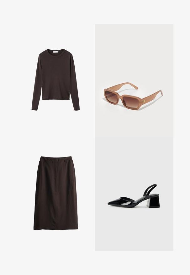 T-shirt marron à manches longues avec un col rond et un tissu en coton lisse et extensible ; présente une coupe décontractée et un design simple.; Jupe marron à mi-longueur avec un design droit, fabriquée en tissu lisse, dotée d'une ceinture et sans fermetures ni poches visibles.; Escarpins en cuir verni noir avec bout pointu et talon bloc géométrique. Présente un design élégant et minimaliste ainsi qu'une texture lisse.; Lunettes de soleil rectangulaires brunes avec des verres dégradés, des montures épaisses et un détail de logo sur le côté. Matériau en plastique lisse, design minimaliste.