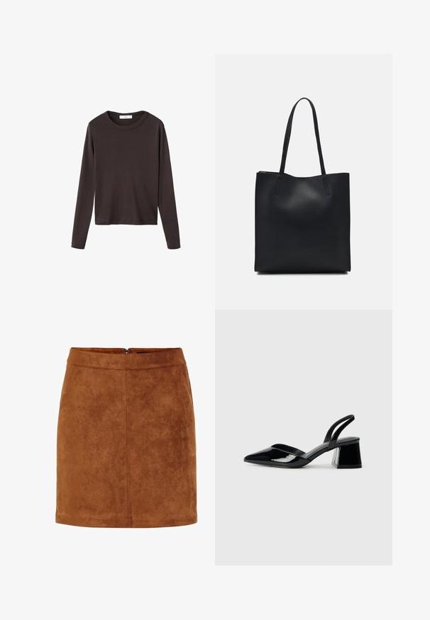 Brown long-sleeve t-shirt with a round neckline and a smooth, stretchy cotton fabric; features a relaxed fit and simple design.; Brown suede mini skirt with a smooth texture, straight cut, and a discreet back zipper. Features seam detailing for structure.; Black patent leather slingback heels with a pointed toe and a geometric block heel. Features a sleek, minimal design and smooth texture.; Black leather tote bag with smooth texture, rectangular shape, and two long handles. No visible hardware or embellishments.