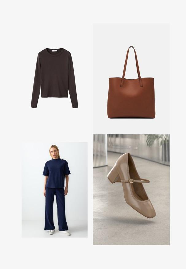 T-shirt marrone a maniche lunghe con scollo rotondo e tessuto di cotone liscio e elastico; presenta una vestibilità rilassata e un design semplice.; Completo composto da top a maniche corte blu navy con texture e pantaloni a gamba larga. Presenta dettagli con bottoni sulla spalla. Abbinato a sneaker platform bianche.; Scarpa Mary Jane beige con tacco a blocco e cinturino sottile con fibbia dorata, sospesa sopra un pavimento grigio chiaro e liscio in un interno moderno.; Borsa tote in pelle marrone con texture liscia, design con apertura superiore e due spallacci. Presenta cuciture minime e nessun hardware visibile.