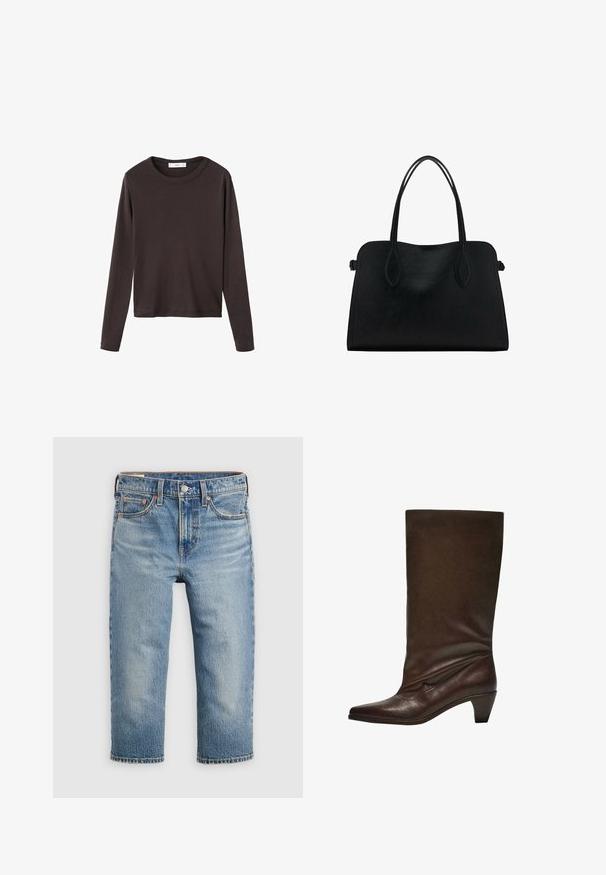Tricou maro cu mânecă lungă, cu decolteu rotund și un material din bumbac neted și elastic; are o croială lejeră și un design simplu.; Blugi din denim bleu deschis, cu croială lejeră, lungime scurtă, cinci buzunare și închidere cu nasture metalic. Textură decolorată cu detalii subtile de cusături.; Bota din piele maro închis, până la jumătatea gambei, cu toc joas pe fir, vârf ascuțit și o tulpină ușor lăsată, pe un fundal alb.; Geantă din piele neagră cu două mânere pentru umăr, formă rectangulară și design minimalistic pe un fundal alb.