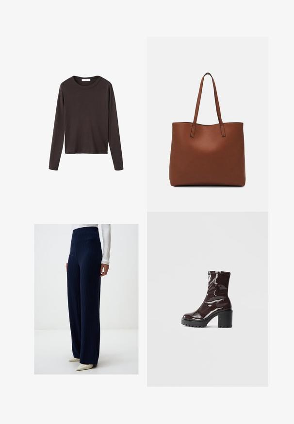 Bruine langwerpige t-shirt met een ronde halslijn en een gladde, rekbare katoenen stof; heeft een relaxed fit en een eenvoudig ontwerp.; Marineblauwe hoge taille wijde broek van gestructureerde stof, met verticale ribbelpatronen en een gladde afwerking, gecombineerd met puntige witte hakken.; Glanzende bordeauxrode enkelboot met een chunky zwarte hak, met een gladde textuur en een eenvoudig ontwerp. Geen zichtbare sluitingen of patronen.; Bruine leren tote bag met een gladde textuur, een ontwerp met een open bovenkant en twee schouderbanden. Kenmerkt zich door minimale stiksels en geen zichtbare hardware.