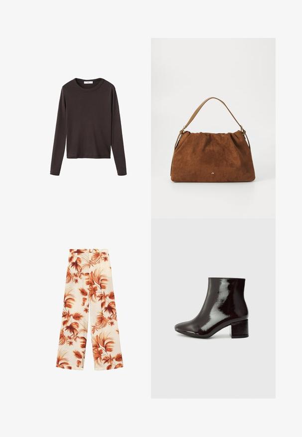 Bruine langwerpige t-shirt met een ronde halslijn en een gladde, rekbare katoenen stof; heeft een relaxed fit en een eenvoudig ontwerp.; Brede pijpen in een lichte stof, met een off-white basis en grote roestkleurige bladpatronen, en een zachte textuur.; Zwarte gepatineerde leren enkelboots met een spitse neus en een chunky hak. Gladde textuur met een subtiele glans en strakke lijnen, minimalistisch ontwerp.; Bruine suède handtas met een geplooid ontwerp, voorzien van een enkele tan kleur leren schouderband en een subtiele gouden logo-detail aan de voorkant.