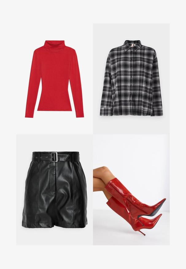 Anna Field LONG SLEEVED TOP WITH WOOL CONTENT - Tops ar garām piedurknēm - red; Melnā un pelēkā krāsā raibā krekls ar pogām, apkakli, garām piedurknēm un brīvu piegriezumu. Audums izskatās mīksts ar vieglu tekstūru.; Melni ādas šorti ar gludu tekstūru, augstu jostasvietu un plašu jostu ar taisnstūrveida sudraba sprādzi. Frontē plecu dizains.; Sarkanas, spīdīgas augstās zābaki līdz augšstilbiem ar smailu purngalu un stiletto papēdi. Iekļauj sānu rāvējslēdzēju un gludu, elegantu apdari.