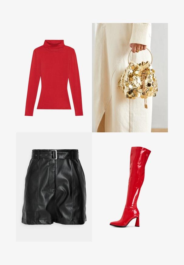 Anna Field LONG SLEEVED TOP WITH WOOL CONTENT - Långärmad tröja - red; Svart lädershorts med en slät yta, hög midja och ett brett bälte med en rektangulär silverfärgad spänne. Fållad design framtill.; Röd lackläderstövel över knäet med spetsig tå och djärv blockklack. Har en glänsande yta och sömdetaljer längs skaftet.; Gul paljettdragväska med ett cirkulärt handtag, featuring glänsande runda paljetter och en texturerad tyg. Måtten är inte angivna.