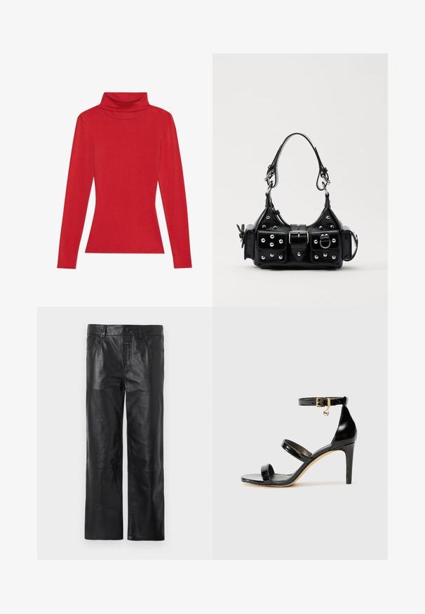 Anna Field LONG SLEEVED TOP WITH WOOL CONTENT - Ilgarankovis viršutinės dalies drabužis - red; Juodos odinės kelnės su tiesiomis kojomis, turinčios juosmenį su mygtuko uždarymu ir kišenėmis, lygia tekstūra ir matomais siuvimo detalėmis.; Juodas patentuotas odinis sandalai su trimis diržais, kulkšnies sagtimi ir 4 colių stiletto kulnu. Yra aukso detalės ir logotipo žavesys.; Juodas odinis rankinukas su kreiviu dizainu, su sidabro spalvos knopkėmis, užsegimu ir dviem šoninėmis kišenėmis. Reguliuojama dirželis nešimui.