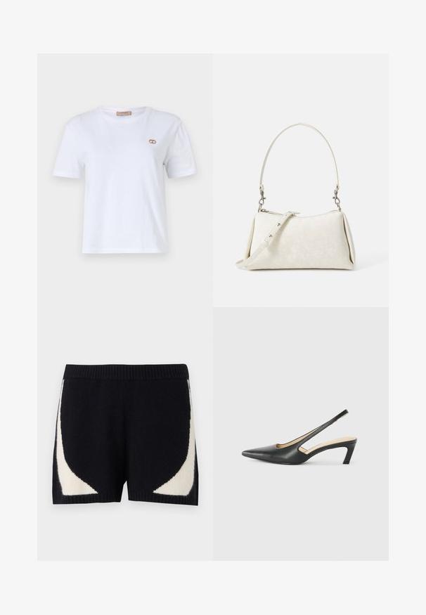 White cotton t-shirt with short sleeves, round neckline, and a gold-toned logo accent on the left chest. Soft, plain texture.; Knit shorts in black with contrasting cream geometric patterns on the sides. Features a ribbed waistband and soft texture.; Black pointy-toed slingback shoe with a low heel, featuring smooth leather material and cut-out design on the side for breathability.; White handbag with smooth texture, curved silhouette, and adjustable shoulder strap. Features subtle logo pattern and silver hardware accents.