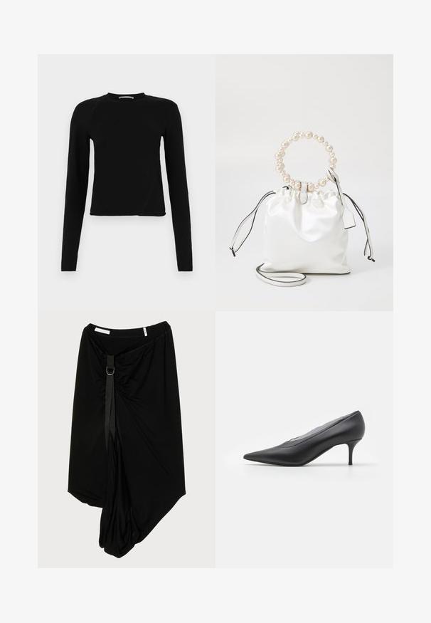 Čierny crop top s dlhým rukávom vyrobený z jemnej tkaniny, s okrúhlym výstrihom a mierne asymetrickým lemom, s diskrétnym logom.; Čierna asymetrická sukňa vyrobená z mäkkej látky, s nariaseným predným dielom zdobeným pásikom a kovovým krúžkom.; Čierna lodička s ostrou špičkou, vyrobená z hladkej kože. Má štíhlý opätok a minimalistický dizajn bez viditeľných ozdôb.; Biely saténový vak na sťahovanie s guľatou rukoväťou ozdobenou perlami, koženými akcentmi a odnímateľným popruhom pre väčšiu variabilitu.