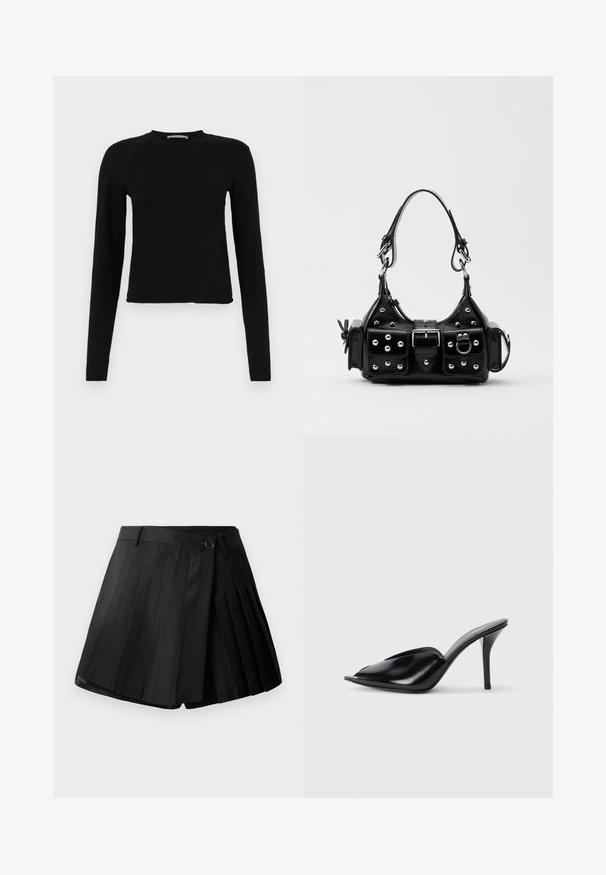 Svart långärmad crop top i mjukt tyg, med rund halsringning och en något asymmetrisk nederdel med en subtil logotypdetalj.; Svarta veckade shorts med slät front, knappstängning och lättviktigt tyg. Utrustade med skarpa veck och en ren nederkant.; Svarta läder högklackade mule-skor med öppen tå, spetsig design, slät yta och en smal stiletto-häl.; Svart läderhandväska med en kurvad design, prydd med silverfärgade nitar, ett spänne och två sidofickor. Justerbar rem för olika bäralternativ.