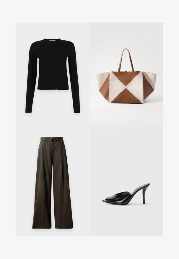 Black long-sleeve crop top made of soft fabric, featuring a round neckline and a slightly asymmetric hem with a subtle logo detail.; High-waisted, wide-leg trousers in dark brown fabric with a smooth texture. Features a matching belt with a circular buckle and pleated design.; Black leather high-heeled mules with an open toe, pointed design, smooth texture, and a slim stiletto heel.; Nanushka THE ORIGAMI LARGE - Tote bag - off white/tan/creme