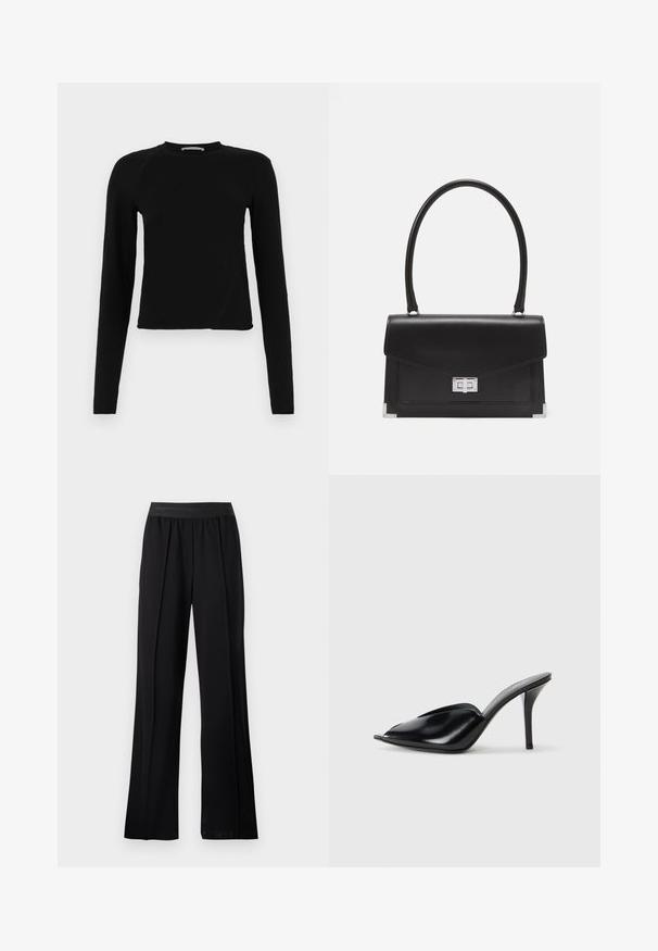 Black long-sleeve crop top made of soft fabric, featuring a round neckline and a slightly asymmetric hem with a subtle logo detail.; Black wide-leg pants made of smooth fabric with a stretchy waistband. Features pleats for added volume and flow, with no visible patterns or accents.; Black leather high-heeled mules with an open toe, pointed design, smooth texture, and a slim stiletto heel.; Black leather handbag with a structured design, a top handle, and a silver clasp. Features corner accents and smooth texture.