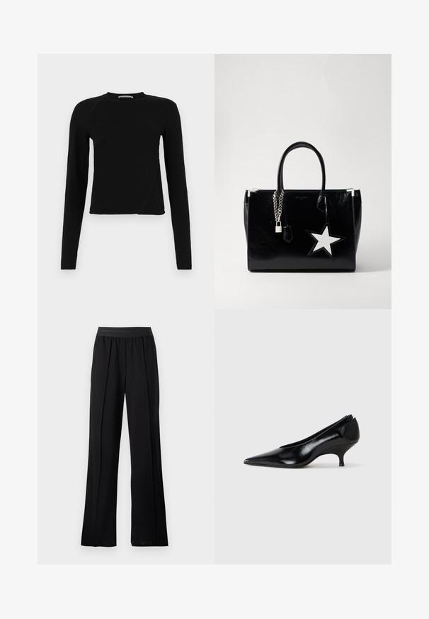 Sort langærmet crop top lavet af blødt stof, med en rund halsudskæring og en let asymmetrisk kant med en subtil logo-detail.; Sorte brede bukser lavet af glat stof med en strækbar elastik. Har folder for ekstra volumen og bevægelse, uden synlige mønstre eller detaljer.; Sort læderpumpe med spids tå, lav hæl, slankt design og glat tekstur. Har en slip-on stil uden synligt hardware.; Sort patenteret læderhåndtaske med en slank form. Har sølv kæde hardware, en lås og en hvid stjerne accent på siden.