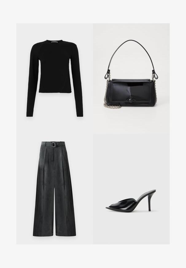Fekete, hosszú ujjú crop top, puha anyagból készült, kerek nyakkivágással és enyhén aszimmetrikus szegéllyel, finom logó részlettel.; Sötét szürke, bő szárú nadrág sima anyaggal, redőzött részletekkel és ezüst csattal ellátott övvel a magas deréknál.; Fekete bőr, nyitott orrú, hegyes kialakítású, sima textúrájú, és karcsú tűsarokkal rendelkező magassarkú mules.; Fekete lakkbőr kézitáska téglalap alakú, láncos vállpánttal és középen egy jellegzetes fém díszítéssel. Simaszerkezet.