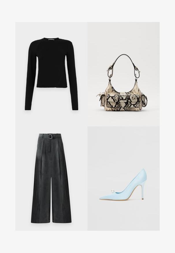 Black long-sleeve crop top made of soft fabric, featuring a round neckline and a slightly asymmetric hem with a subtle logo detail.; Wide-leg trousers in dark gray, featuring a smooth texture, pleats, and a belt with a silver buckle at the high waist.; GIABORGHINI High heels - blue; Python-print handbag in beige and black, featuring a structured shape, buckle detail, and dual shoulder straps.  Textured surface.