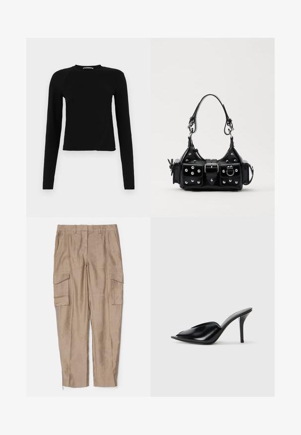Top cropped negru cu mânecă lungă, confecționat dintr-un material moale, având un decolteu rotund și un tiv ușor asimetric, cu un detaliu subtil al logo-ului.; Pantaloni cargo bej cu o croială relaxată, multiple buzunare laterale și detalii cu fermoar la gleznă. Realizați dintr-un material ușor.; Mule-uri negre din piele cu toc înalt, cu vârf deschis, design ascuțit, textură fină și toc subțire stiletto.; Geantă de piele neagră cu un design curbat, dotată cu studuri argintii, o cataramă și două buzunare laterale. Curea ajustabilă pentru opțiuni de transport.