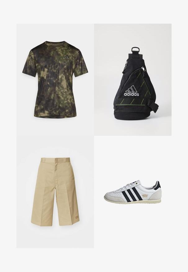 adidas Performance SEA TEE - Športové tričko - olive strata; Béžové bavlnené culottes s módnym dizajnom, s vysokým pásom, pliegmi a viditeľným švom. Obsahuje malé logo na leme.; Biele tenisky s čiernymi pruhmi a zlatým brandingom. Obsahujú semišové a kožené materiály, perforovaný zvršok a textúrovanú gumovú podrážku.; Čierna taška na plece z látky s textúrovaným povrchom, biele logo, zelené akcenty, nastaviteľný popruh a predná zipsová kapsa. Kompaktný a trojuholníkový tvar.